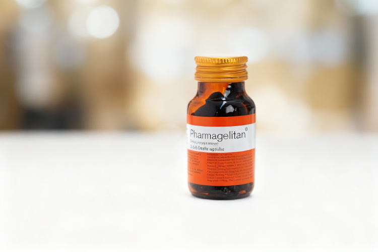 کپسول فارماژلیتان چاق کننده است - بطری شیشه ای مکمل روی سطح سفید